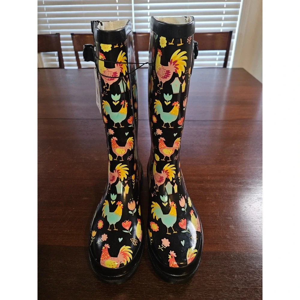 Western Chief Chicken Rooster & Floral Rain Boots Women's 7‎ Waterproof NEW